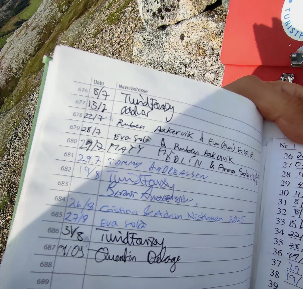 Le carnet sur lequel les randonneurs inscrivent leur nom