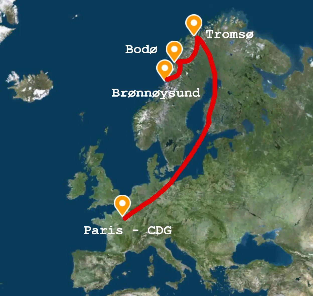 Une carte montrant le trajet en avion