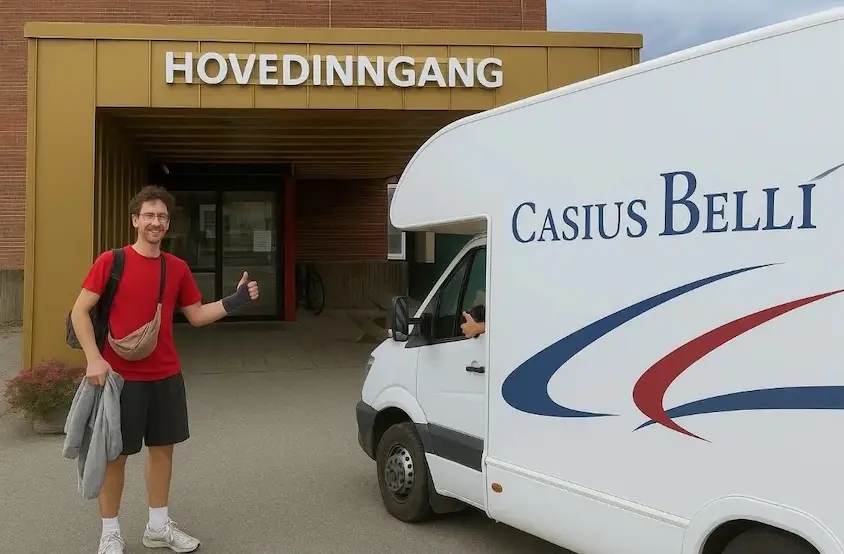 Un montage photo, une personne avec la main cassée devant un hôpital et un camping-car